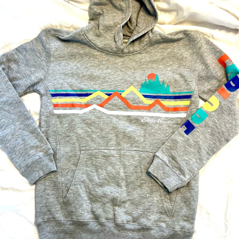 ✅NWT Eddie Bauer boys large 14/16 Explore Gray sweatshirt Hoodie Mountain top